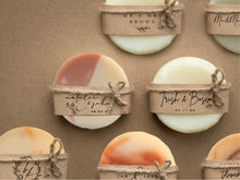 Load image into Gallery viewer, Round handmade organic soap for your event favour with personalised kraft wrapper